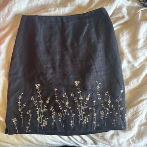 Vintage Black Linen Skirt with Floral Embroidery | Size 12